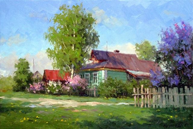 Вот моя деревня,вот мой дом родной... картина Крупский С. - крупский сергей, сирень, картина, дом, деревня, природа, весна, береза - оригинал