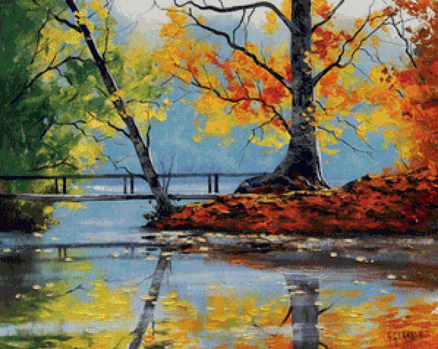 осень в парке - пейзаж, живопись, река, осень, природа, дерево, золото, парк - предпросмотр
