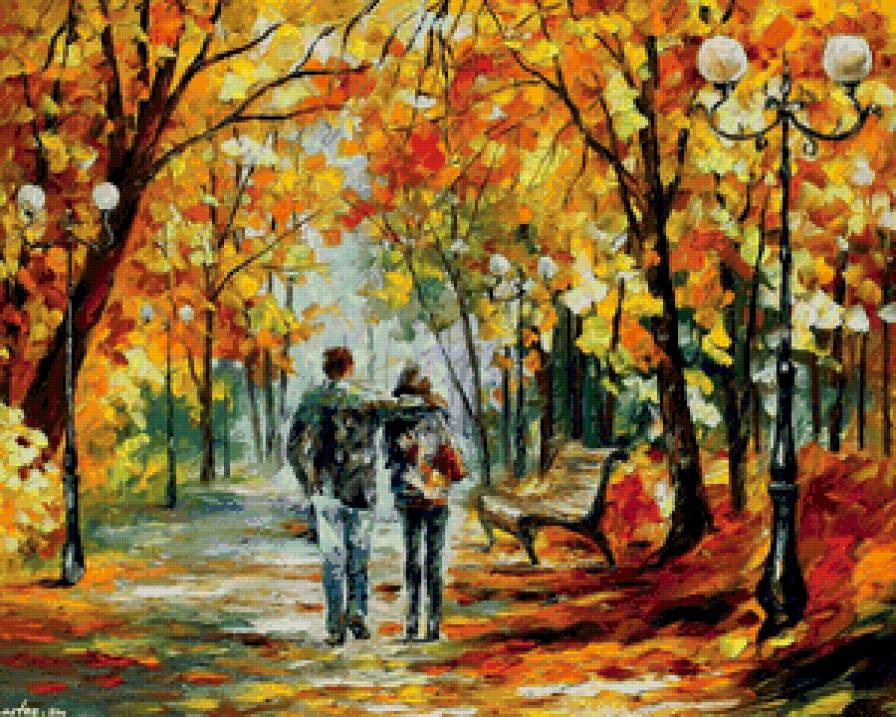 двое в осеннем парке - фонарь, краски, осень, живопись, любовь, природа, пара, парк - предпросмотр