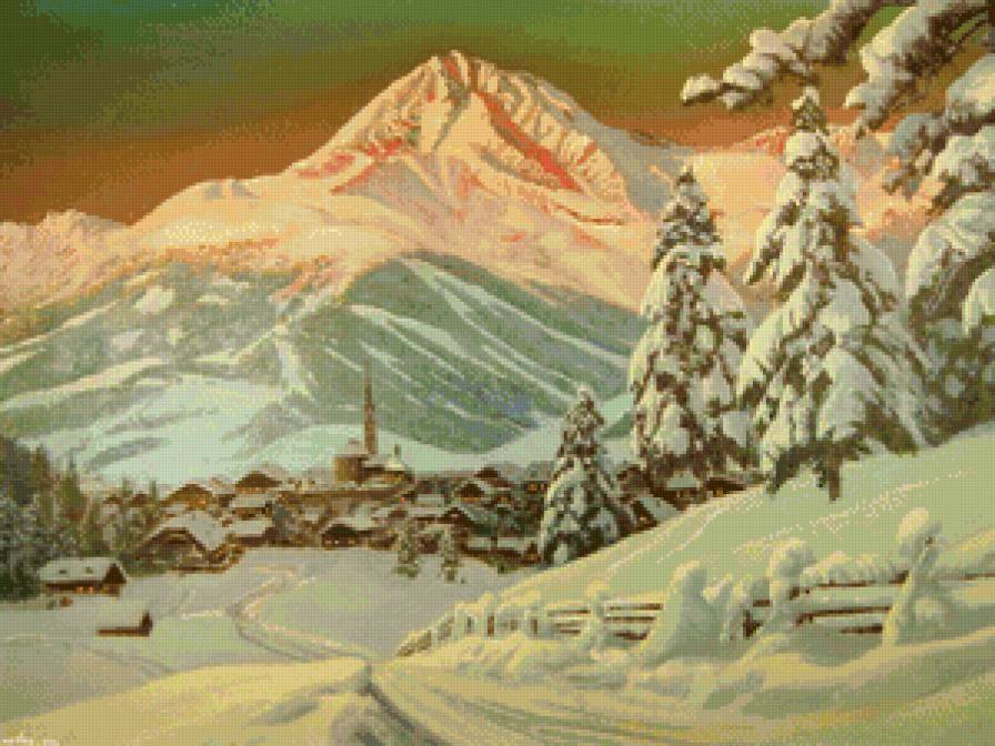 зимний вечер в горах - зима, живопись, закат, снег, природа, пейзаж, горы, альпы, вечер - предпросмотр