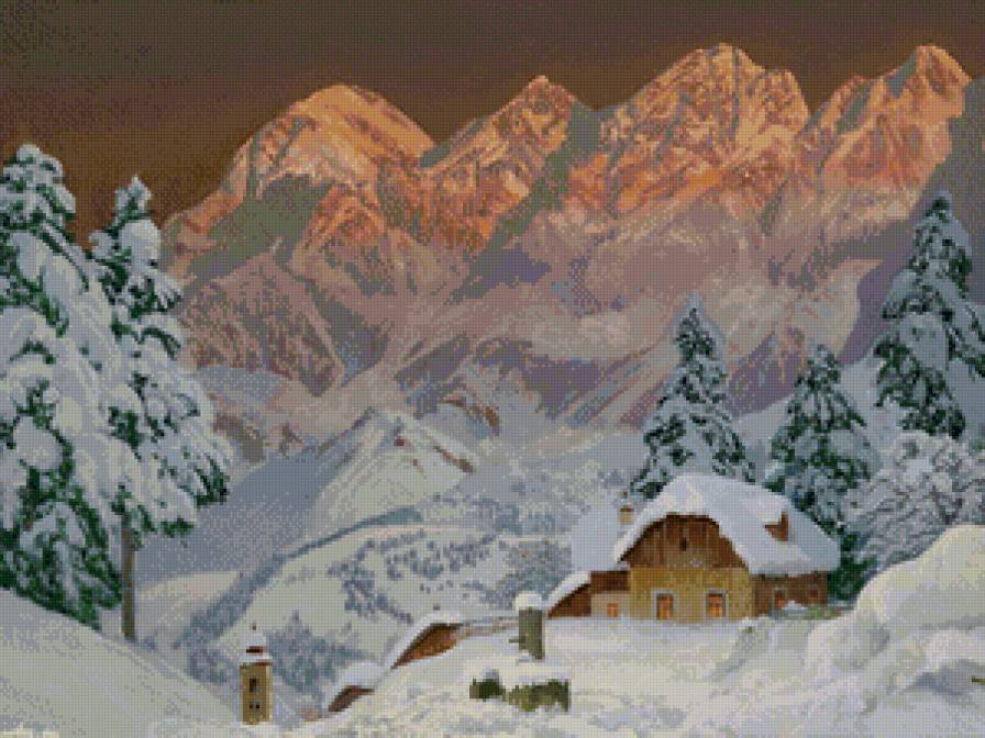 домик в горах - снег, домик, пейзаж, живопись, вечер, закат, зима, горы, природа - предпросмотр