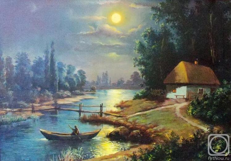 №862210 - луна, река, природа, мост, лодка, дом - оригинал
