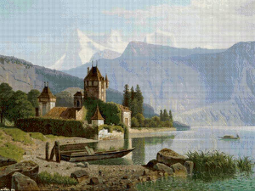 замок в горах - горы, озеро, замок, пейзаж, живопись, лодка, природа - предпросмотр