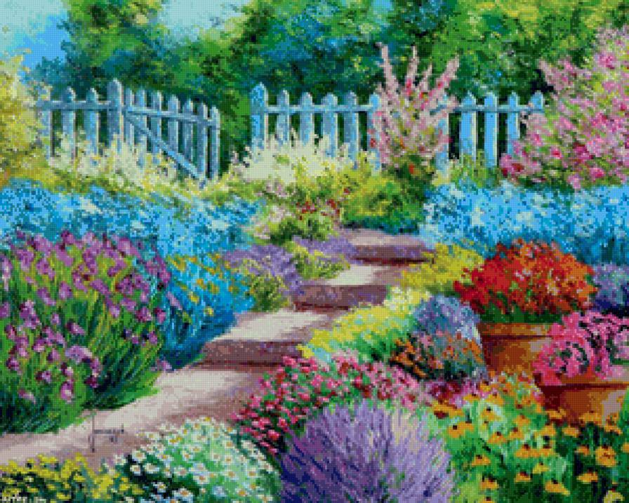красочный сад - калитка, пейзаж, сад, живопись, лето, лаванда, краски, цветы - предпросмотр
