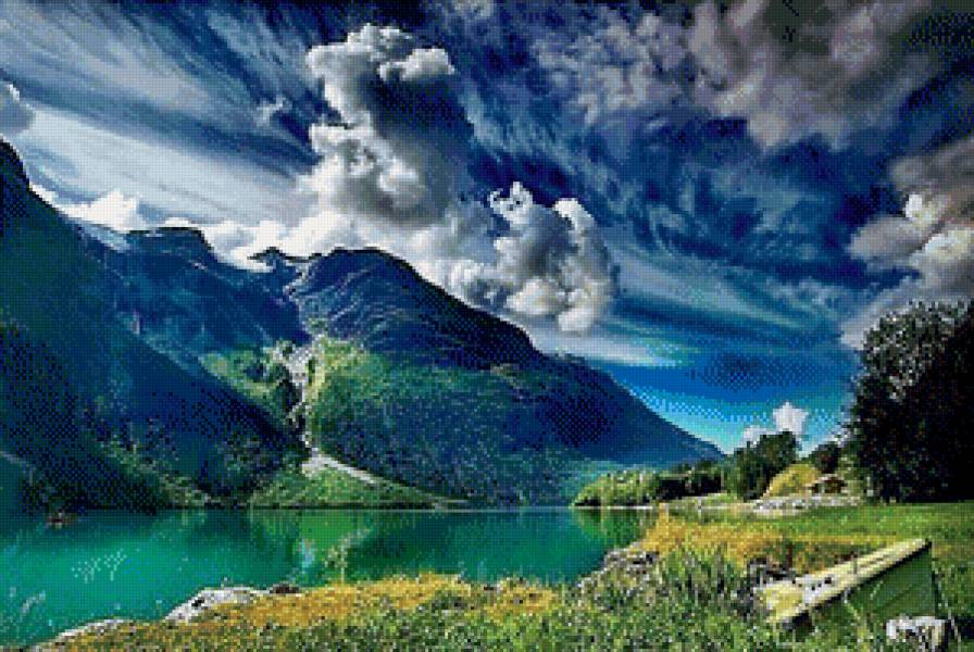 №864322 - облака, природа, лодка, горы, озеро - предпросмотр