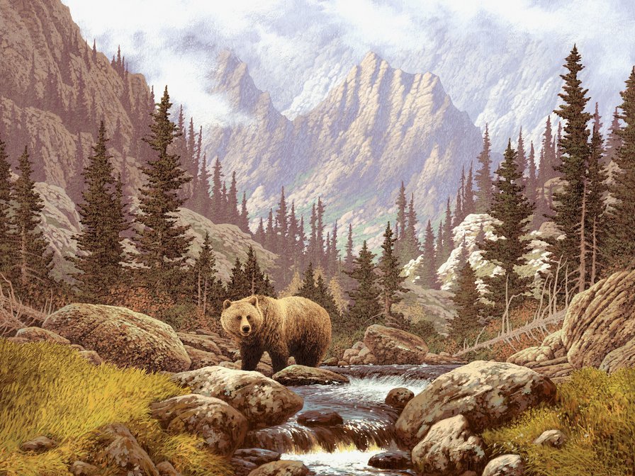 медведь в горах - лес, горы, пейзаж, животное, река, природа, медведь, живопись - оригинал