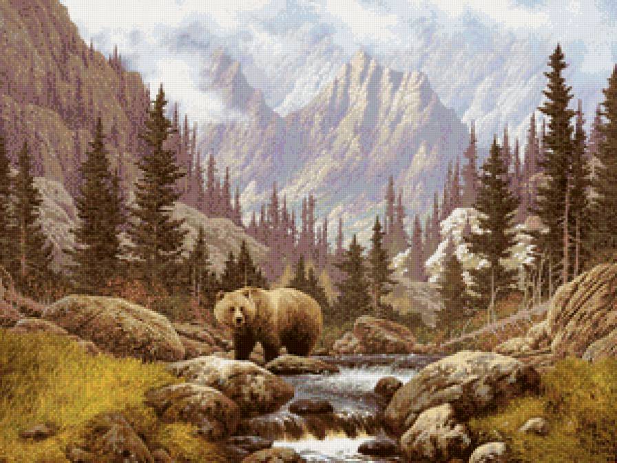 медведь в горах - медведь, живопись, природа, река, пейзаж, животное, лес, горы - предпросмотр