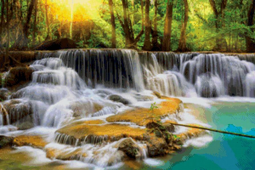 лесной водопад - дерево, природа, река, водопад, живопись, лес, пейзаж - предпросмотр