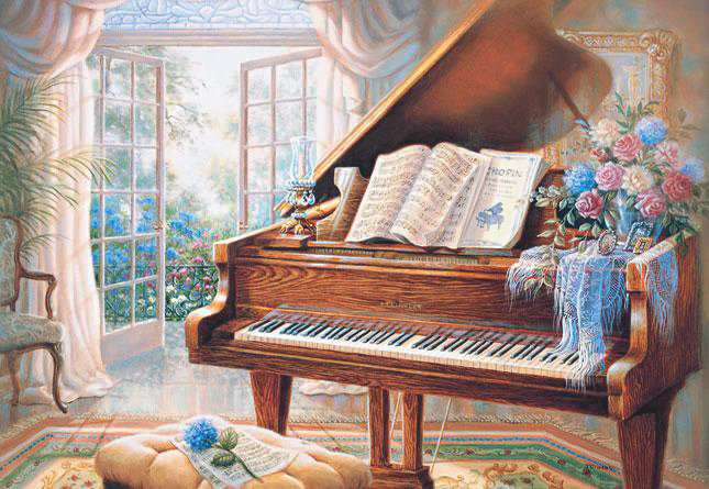 Рояль у открытого окна, по картине Джуди Гибсон|Judy Gibson - комната, рояль, окно, цветы, букет - оригинал