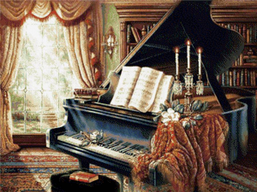 Солнечная соната, по картине Джуди Гибсон|Judy Gibson - цветы, рояль, свечи, комната - предпросмотр