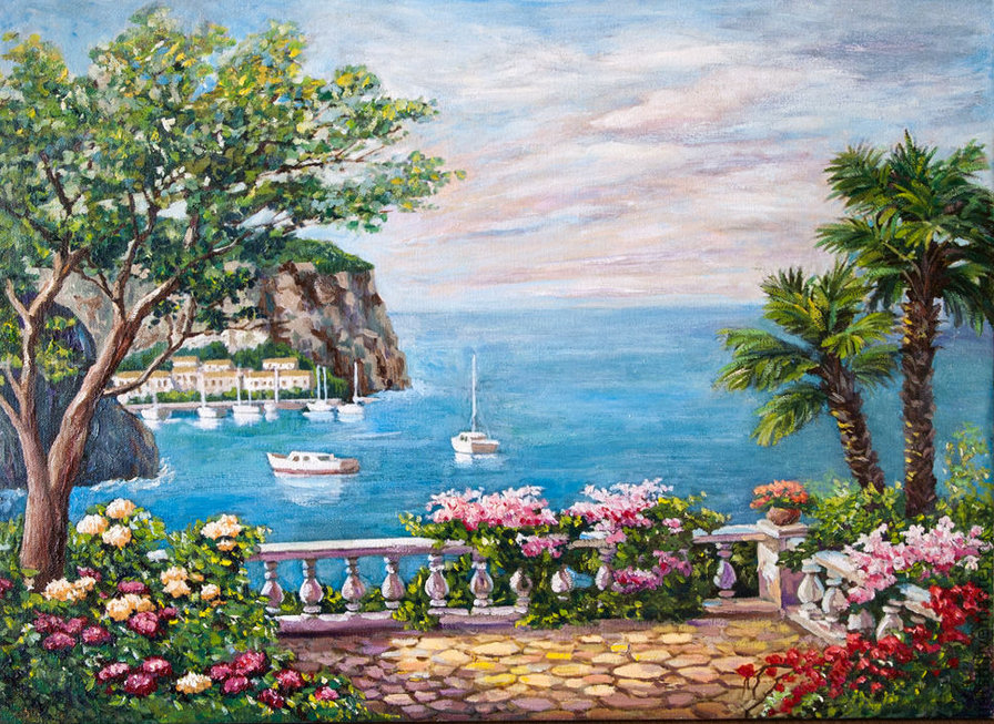 №866693 - горы, яхта, море, пальмы, цветы - оригинал