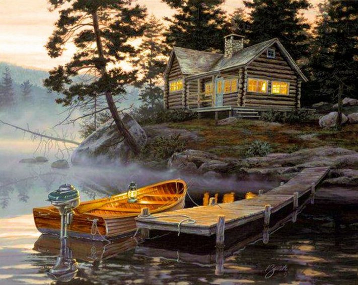 домик у реки - красота, лодка, природа, вода, река, дом - оригинал