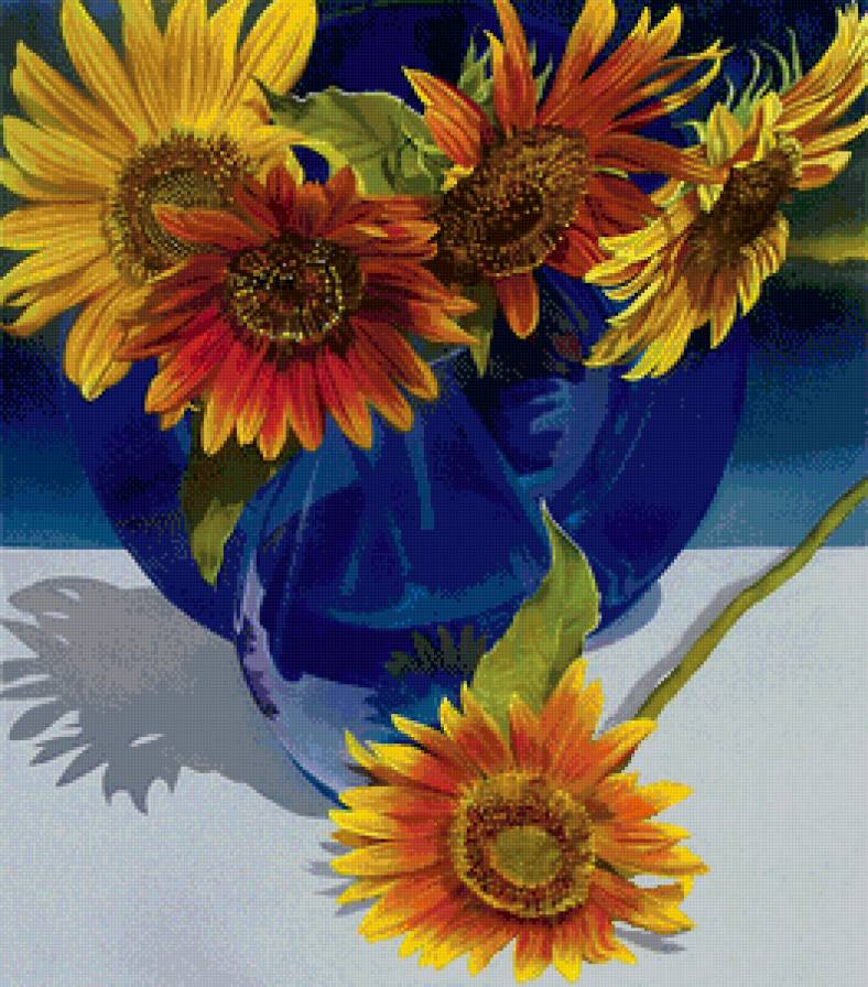 жёлтые цветы в синей вазе - подсолнухи, букет, живопись, натюрморт, герберы, ваза, цветы - предпросмотр