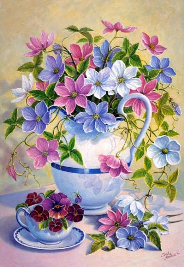 ваза с клематисами - клематис, букет, ваза, живопись, натюрморт, цветы - оригинал