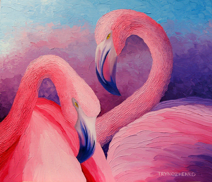 розовые фламинго - картина, пара, любовь, живопись, фламинго, птицы - оригинал