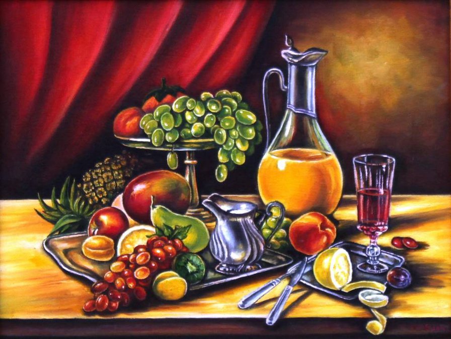 фруктовый натюрморт - лимон, сок, яблоко, виноград, кухня, ананас, натюрморт, фрукты - оригинал