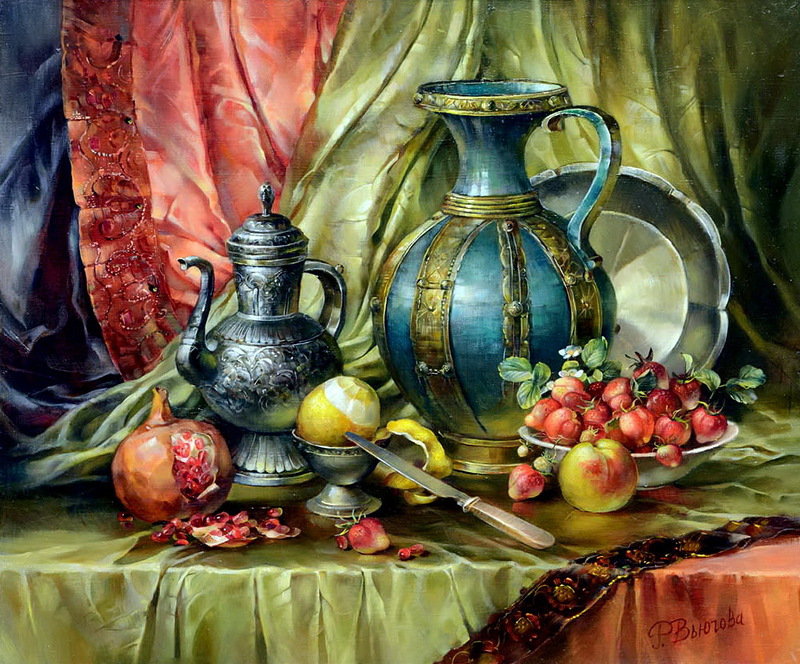 натюрморт с кувшинами и фруктами - натюрморт, кувшин, гранат, живопись, фрукты, кухня, лимон, еда - оригинал