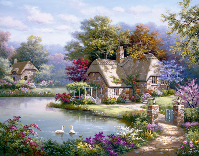 Уютный дворик - лебеди, дом, уютный дворик, пруд, цветы - оригинал