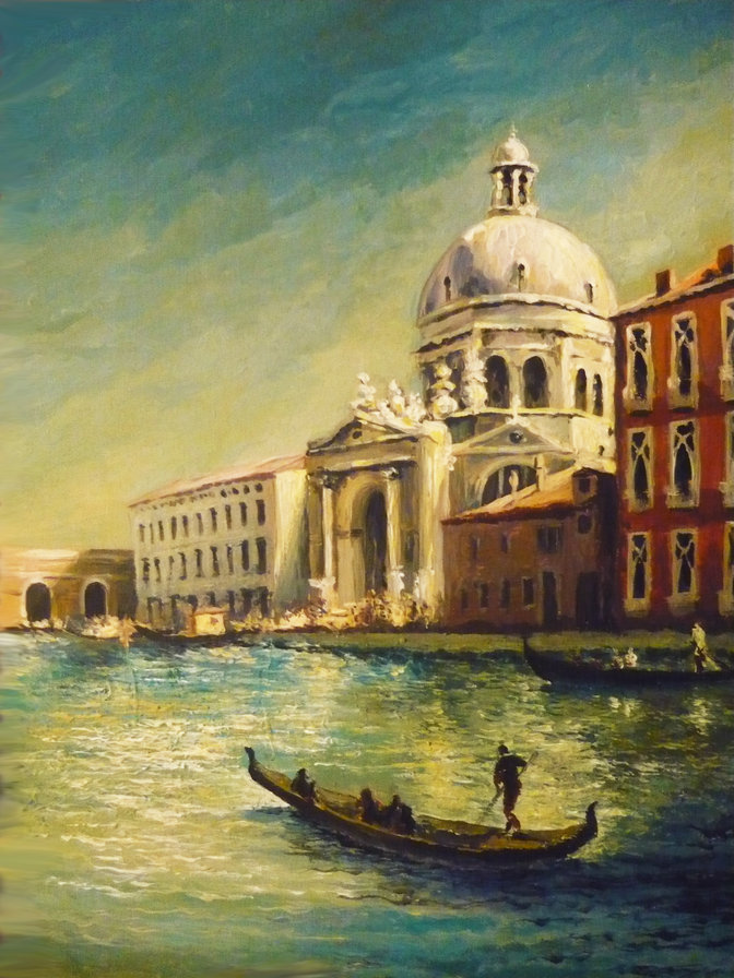 венеция - город, пейзаж, гондола, венеция, италия, мост, живопись - оригинал