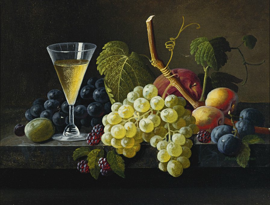 натюрморт с виноградом - фрукты, еда, натюрморт, виноград, вино, кухня - оригинал