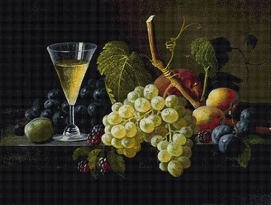 натюрморт с виноградом - натюрморт, еда, вино, виноград, фрукты, кухня - предпросмотр