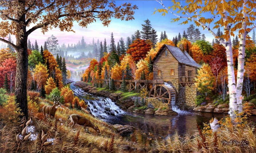 водяная мельница в горах - рисунок, пейзаж, живопись, река, горы, природа, мельница - оригинал