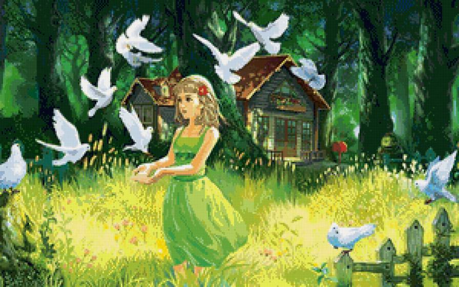 девочка с голубями - голуби, пейзаж, рисунок, лес, девочка, детское, природа - предпросмотр