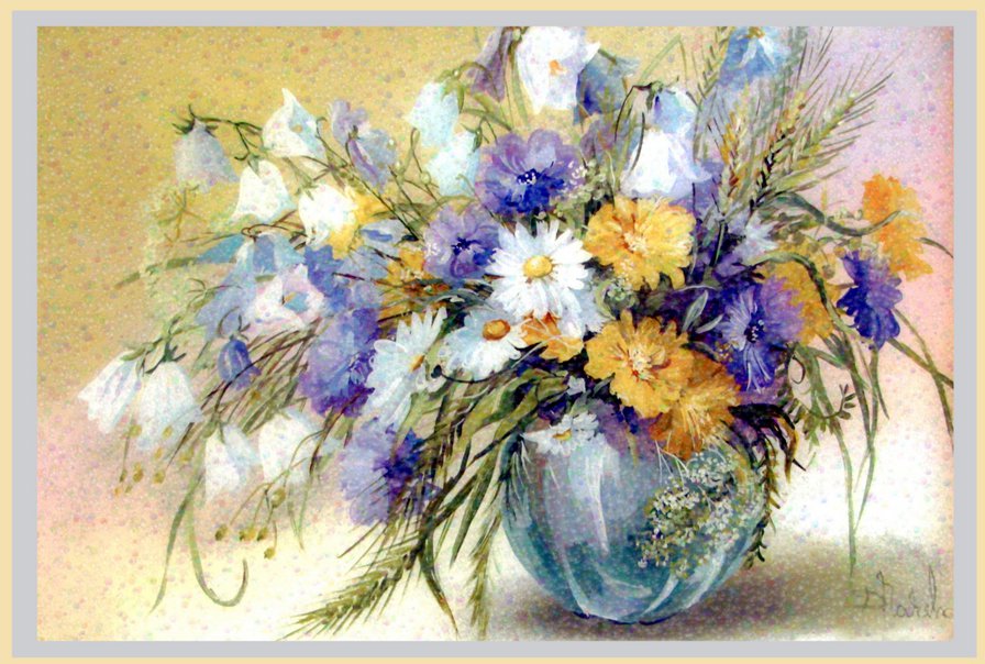 полевые цветы в вазе - ромашки, ваза, колокольчики, живопись, натюрморт, букет, цветы - оригинал