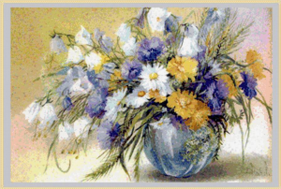 полевые цветы в вазе - ромашки, живопись, ваза, натюрморт, колокольчики, букет, цветы - предпросмотр