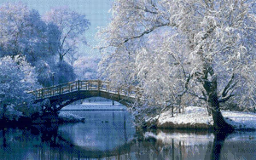 Зимний пейзаж - парк, снег, деревья в снегу, мостик, зима, пейзаж - предпросмотр