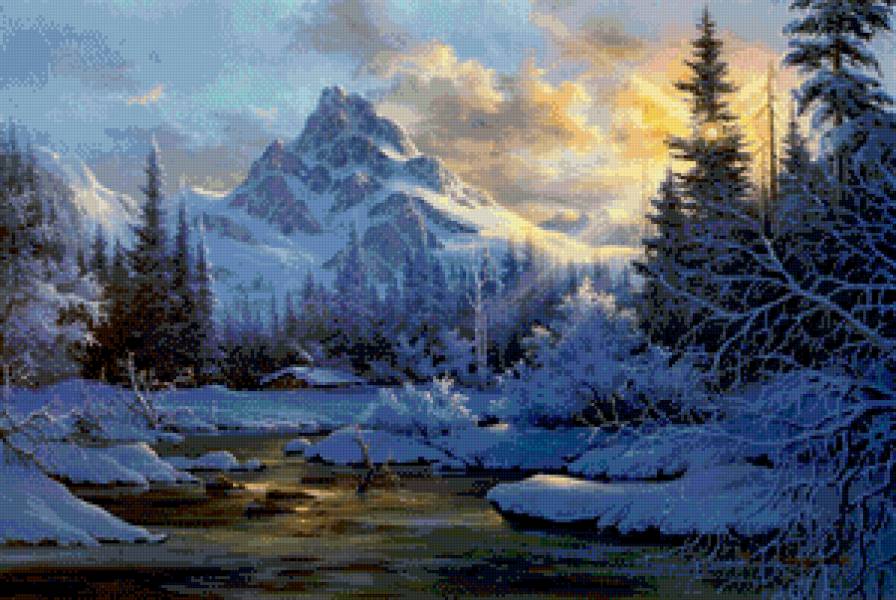 зимние горы на закате - домик, горы, природа, снег, пейзаж, вечер, закат, зима, живопись - предпросмотр