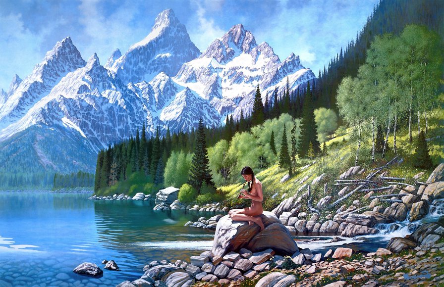 горное озеро - девушка, лето, пейзаж, природа, озеро, лес, горы - оригинал