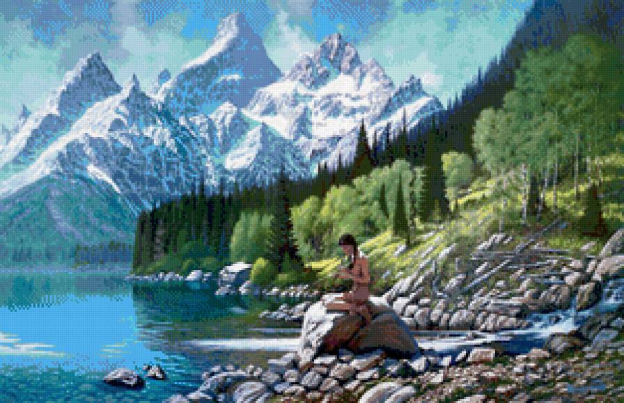 горное озеро - девушка, природа, лето, горы, лес, озеро, пейзаж - предпросмотр