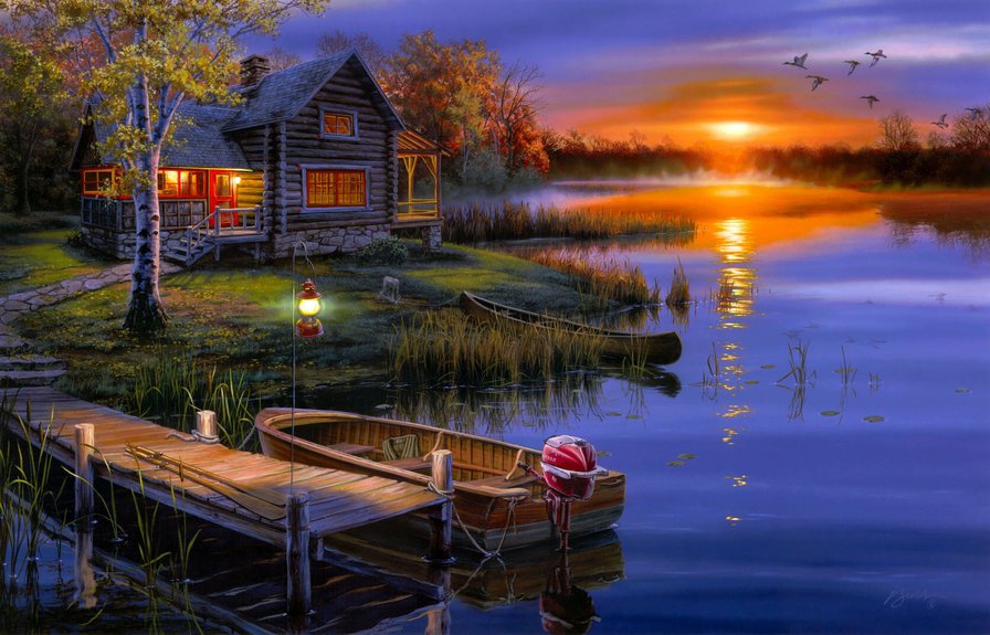 на закате у озера - озеро, лодки, закат, дом, фото, пейзаж, живопись - оригинал
