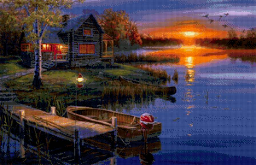 на закате у озера - фото, пейзаж, озеро, закат, живопись, дом, лодки - предпросмотр