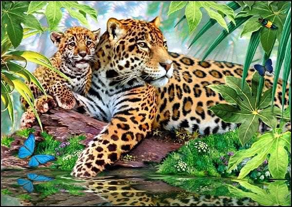 Леопард с малышом - животные, лес, леопард - оригинал