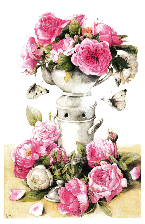 розы и бабочки - цветы, натюрморт, букет, графика, розы, бабочки, ваза - оригинал