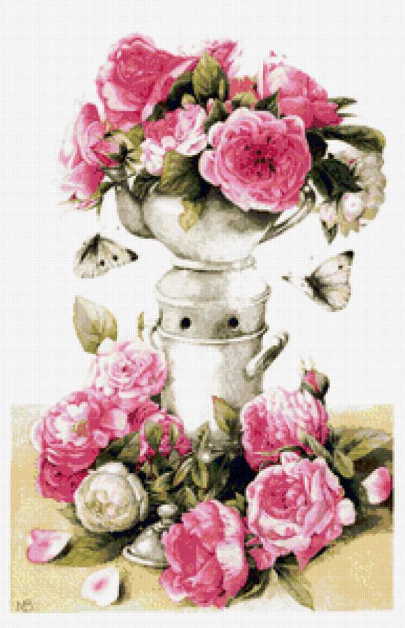 розы и бабочки - розы, цветы, бабочки, графика, ваза, букет, натюрморт - предпросмотр