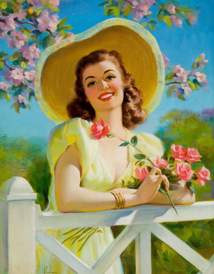 весенняя девушка - цветение, ретро, девушка, абрикос, пин ап, шляпа, весна - оригинал