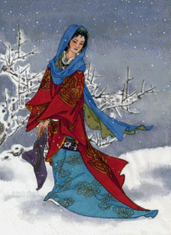 Девушка из Китая. Платье из красного и синего шелка - предпросмотр