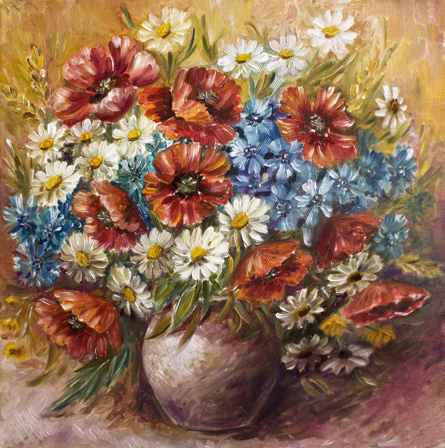 полевые цветы в вазе - ромашки, колокольчики, ваза, живопись, букет, цветы, маки - оригинал