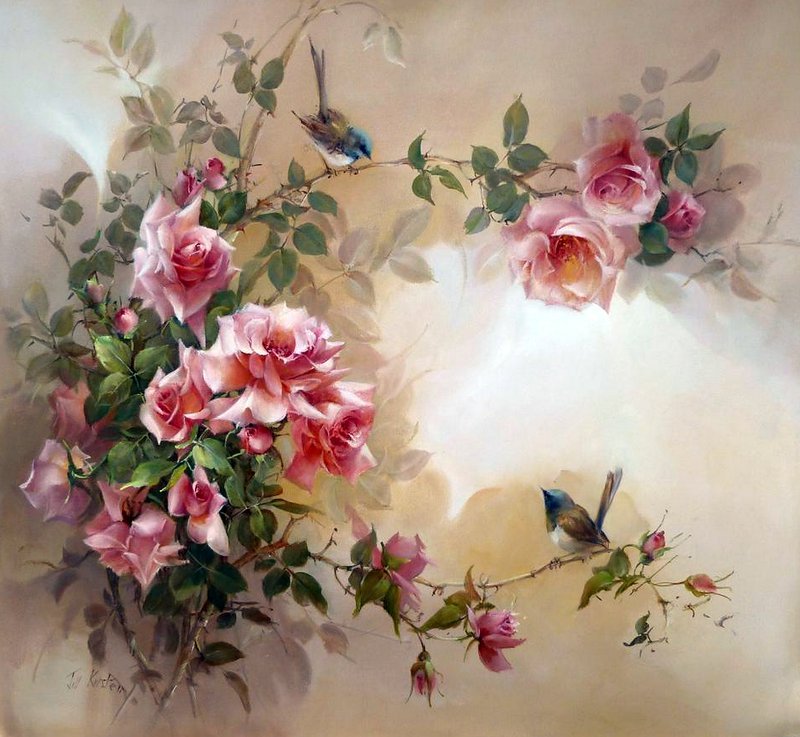 ветка с розами - картина, цветы, птица, ветка, розы - оригинал