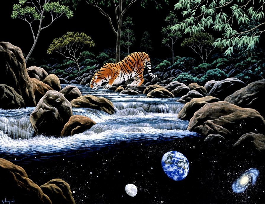 тигр на водопое - водопад, природа, животное, тигр, гобелен, река - оригинал