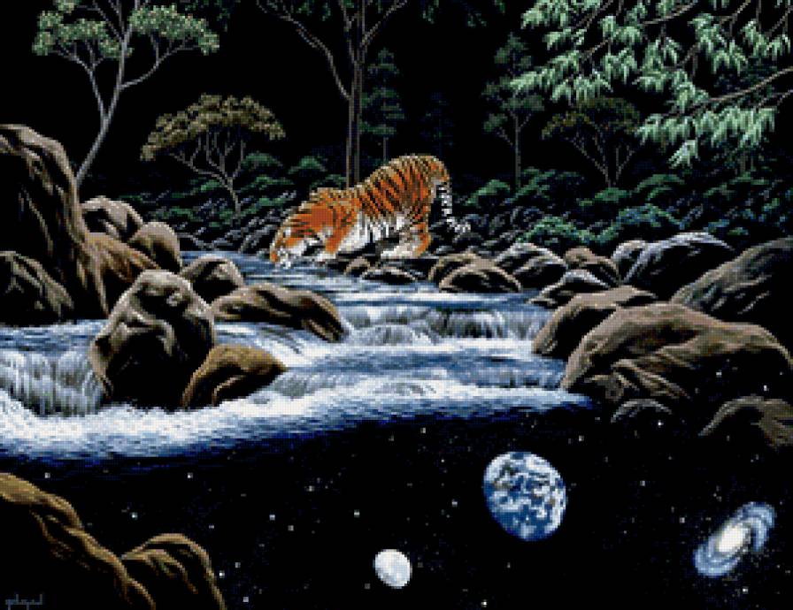 тигр на водопое - гобелен, водопад, река, животное, природа, тигр - предпросмотр