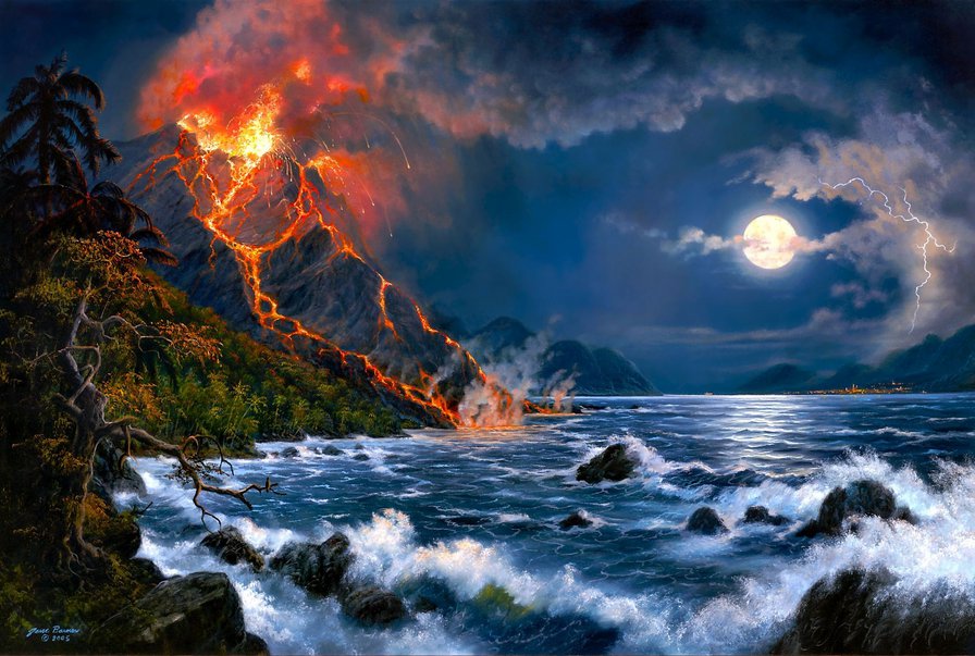 извержение вулкана - луна, ночь, горы, извержение, море, вулкан, пейзаж, природа - оригинал