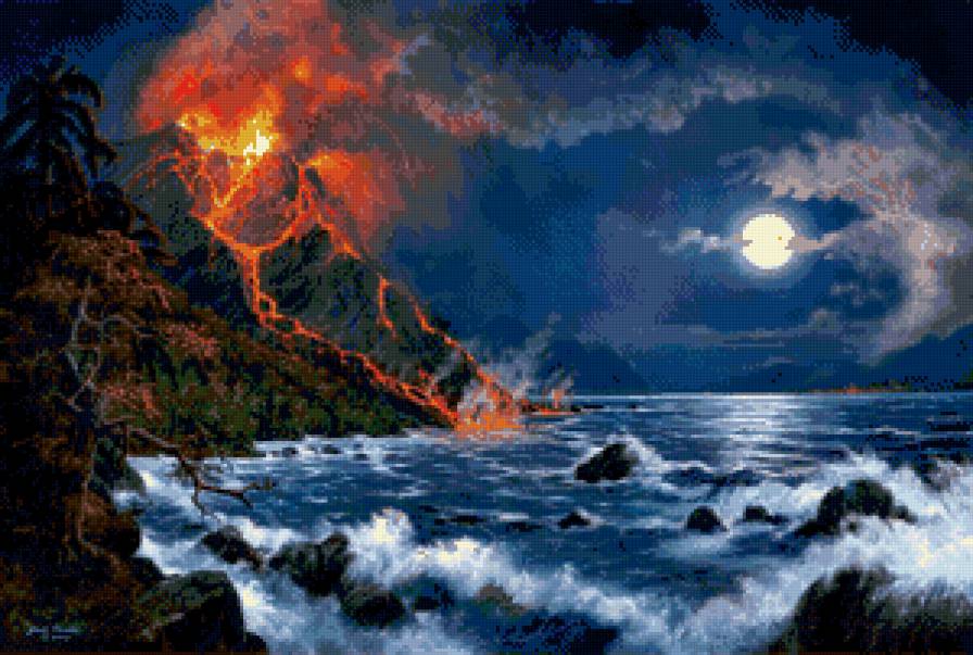 извержение вулкана - извержение, ночь, горы, пейзаж, море, вулкан, луна, природа - предпросмотр