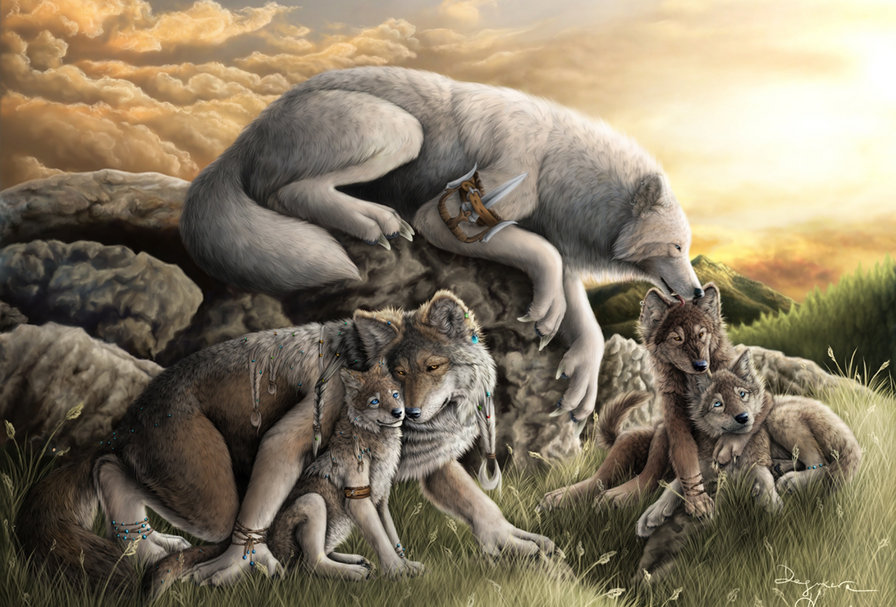 Семейная идиллия - волки, животные, поле - оригинал