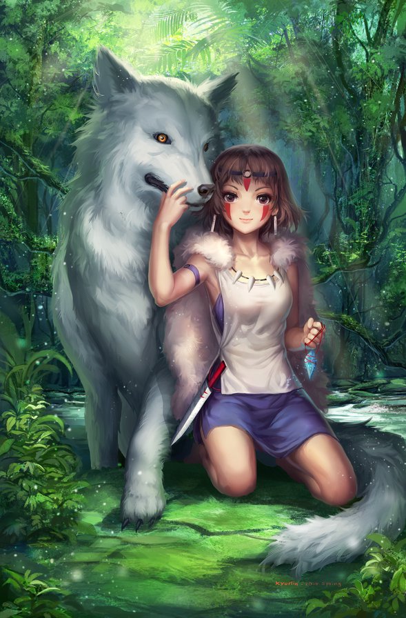Принцесса - аниме, девушка, волк, лес - оригинал