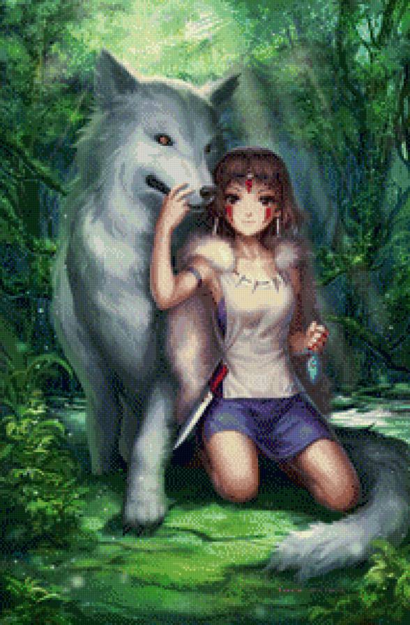 Принцесса - девушка, лес, аниме, волк - предпросмотр