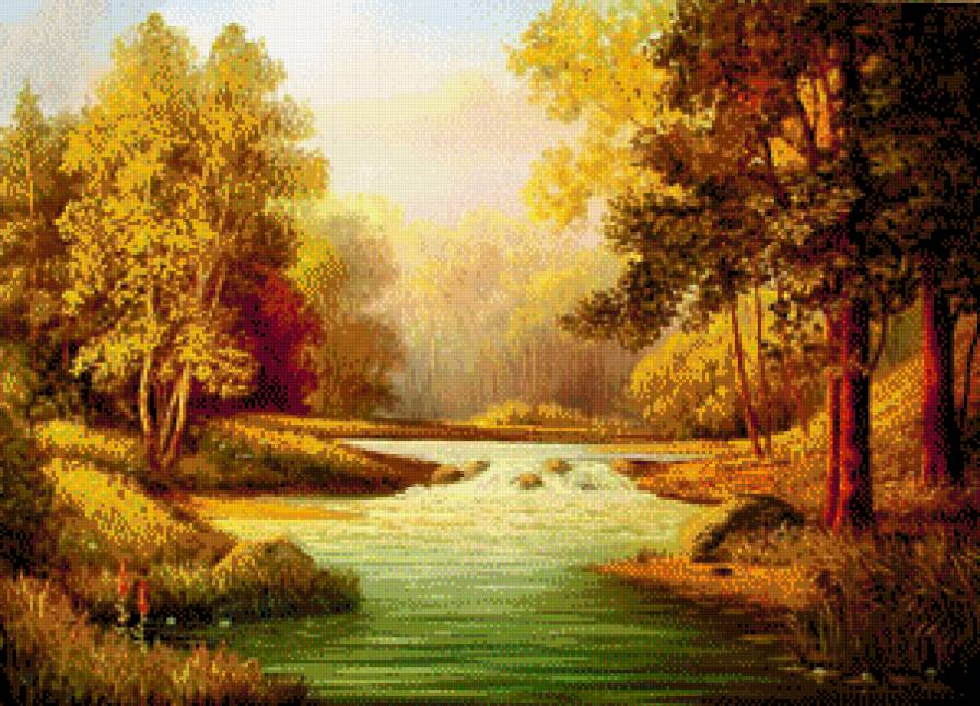 Реалистическая живопись Михайлова Игоря - лес, природа, речка, осень золотая - предпросмотр